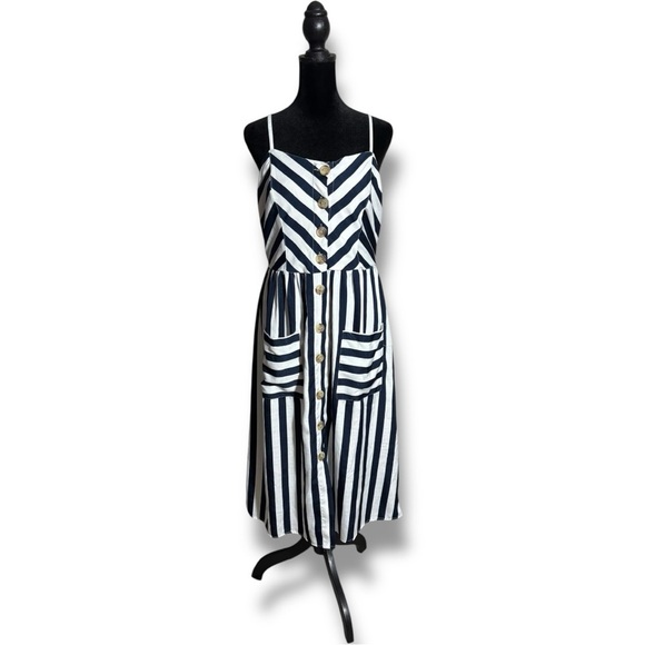 Style House Navy/White Stripe Sleeveless Button Down Front Midi Dress w/ Pockets - Picture 2 of 16